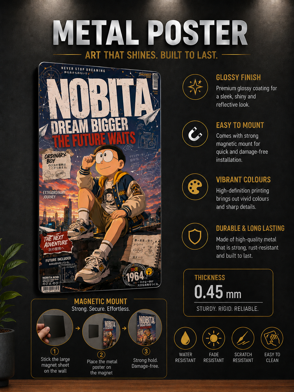 Nobita Dream Bigger Premium Metal Poster | Doraemon Inspired Wall Art