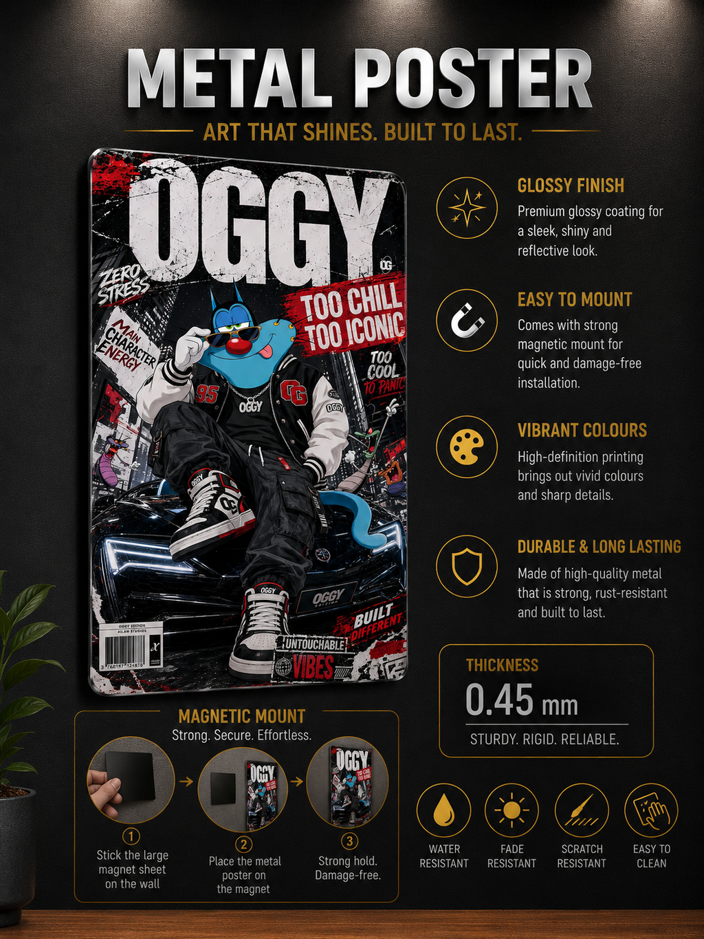 Oggy Premium Metal Poster | Oggy and the Cockroaches Inspired Wall Art