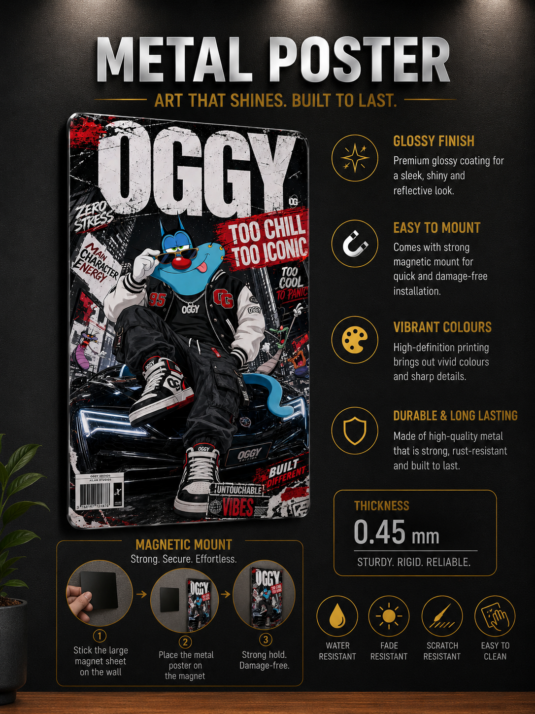 Oggy Premium Metal Poster | Oggy and the Cockroaches Inspired Wall Art