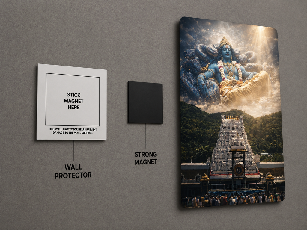 Tirupati Balaji Divine Metal Poster | Lord Vishnu Cosmic Blessings Wall Art | Premium Matte Metal Print