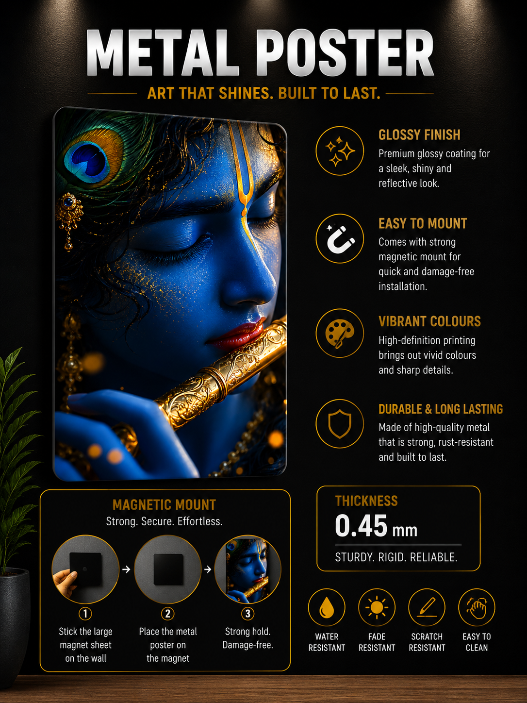 Lord Krishna Playing Flute Metal Poster | Divine Krishna Wall Art | Premium Metal Home Decor | Made in India
