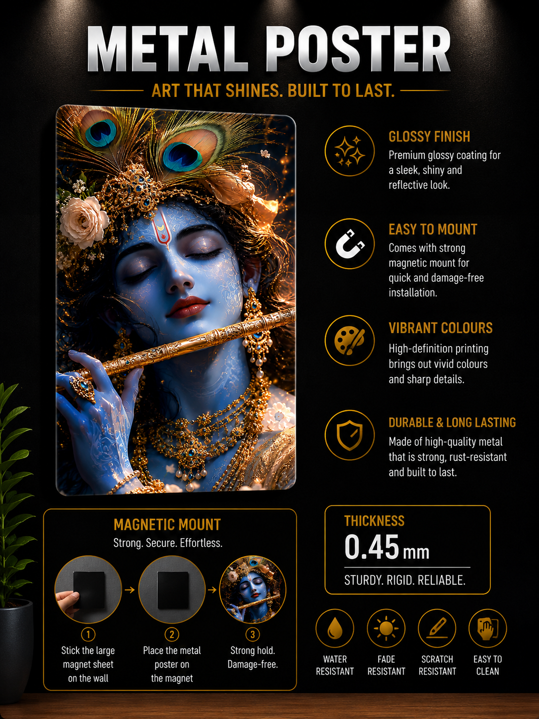 Lord Krishna Portrait Metal Poster | Divine Krishna Premium Metal Wall Art | Spiritual Home Decor | Made in India